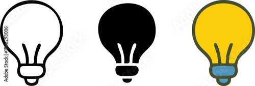 Set of three stylized light bulb icons: outline solid silhouette and colored cartoon style.
