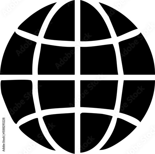 Simple black globe icon with a white grid representing latitude and longitude lines.