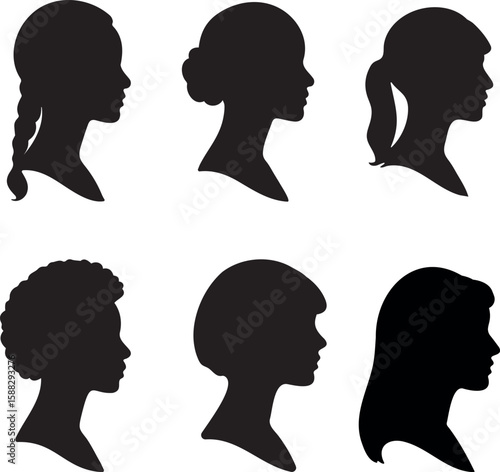Elegant Female Face Silhouettes Set, Black and White, Minimal Portraits