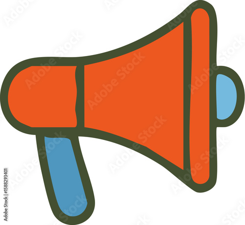 A hand-drawn orange megaphone with a blue handle and mouthpiece outlined in a thick dark green line A simple cartoonish doodle-style illustration.