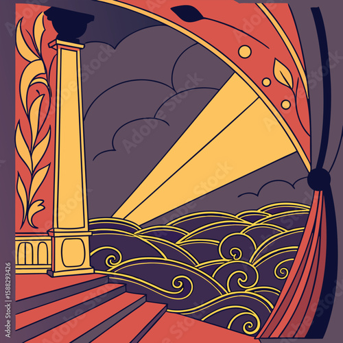 Stylized Stage Set Design with Waves Column Curtains and Sun Rays in Retro Colors