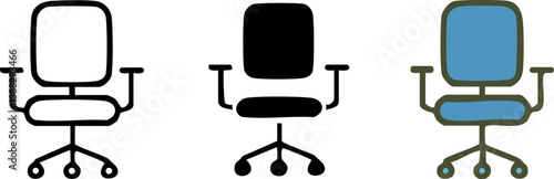 Set of ergonomic office chair icons with armrests and wheels shown in outline silhouette and colored hand-drawn styles.
