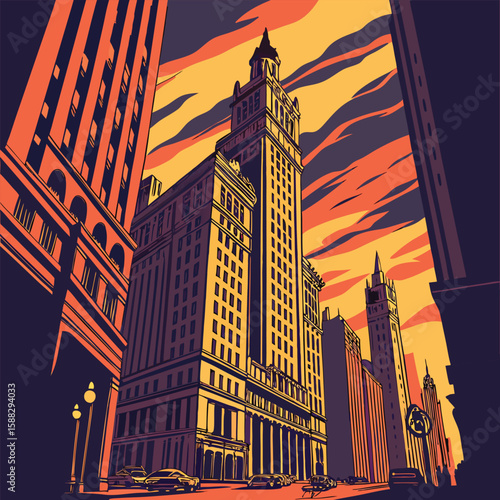 Majestic Cityscape at Sunset Tall Buildings Urban Architecture