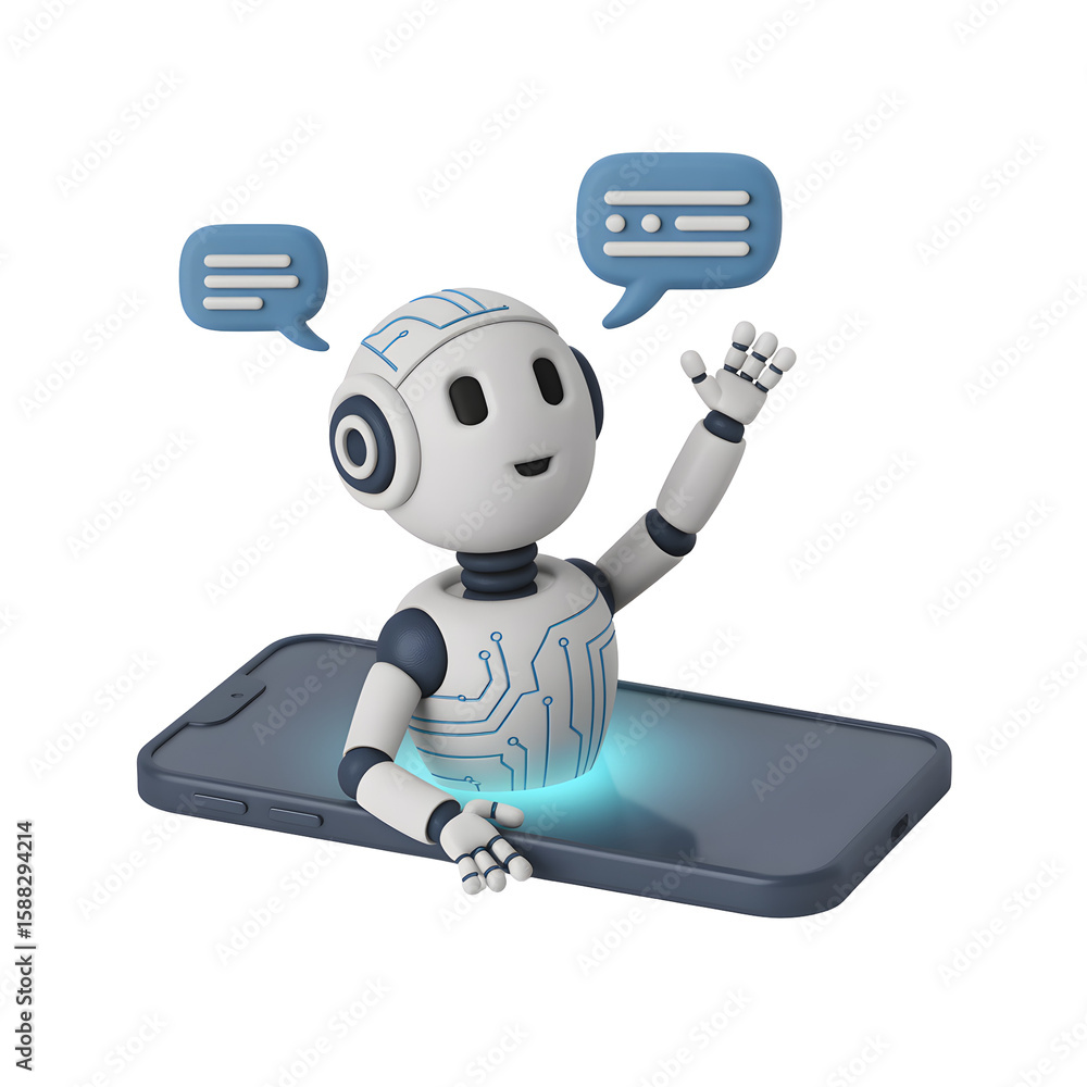 Fototapeta premium Chatbot greets user from smartphone screen, conveying friendly artificial intelligence and digital assistant technologies.