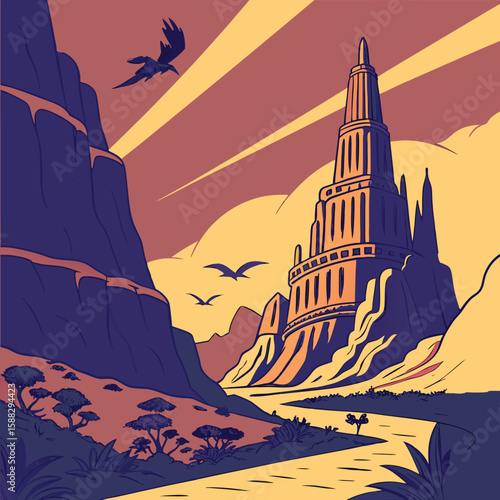 Stylized landscape with tower mountains birds and a river in a graphic novel style