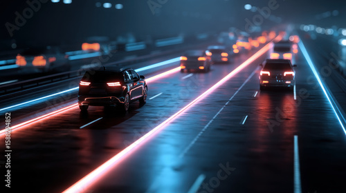 Wallpaper Mural AI traffic control system, glowing lines above smart roads. Aerial view: Self-driving autonomous electric cars of the future with HUD elements move Torontodigital.ca