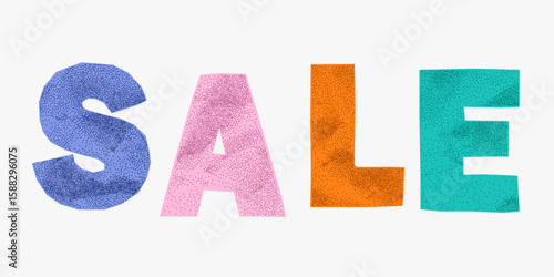 Handmade phrase sale from vibrant wrinkled paper letters. Jagged edges, sticker ransom composition, halftone dots, playful DIY mood.