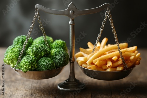 Broccoli on one side and french fries on other side of vintage scale showcasing contrasting food choices during mealtime
