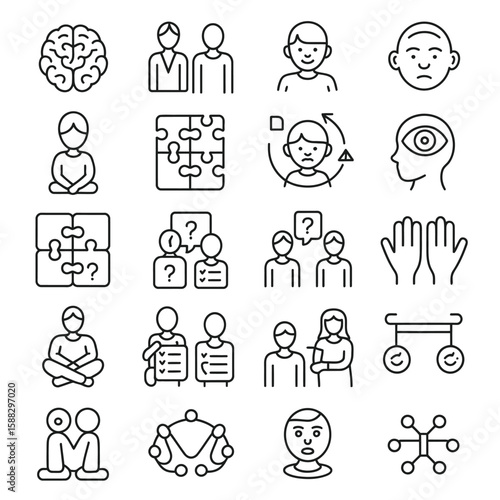 Collection of Black and White Line Icons Depicting Human Psychology Concepts Including Brain Thought Processes Interpersonal Communication Problem Solving Teamwork and