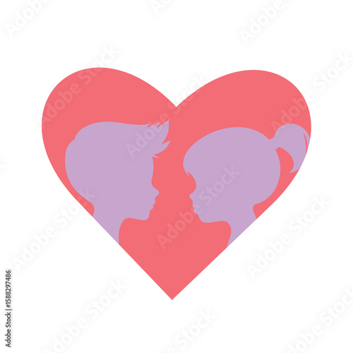 Teenage Love Silhouettes in Heart Shape, Romantic Couple Illustration, Youth Theme