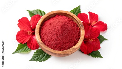 Vibrant Red Hibiscus Flower Powder in Wooden Bowl, Natural Herbal Supplement, Spa Product, Organic, Healthy Lifestyle