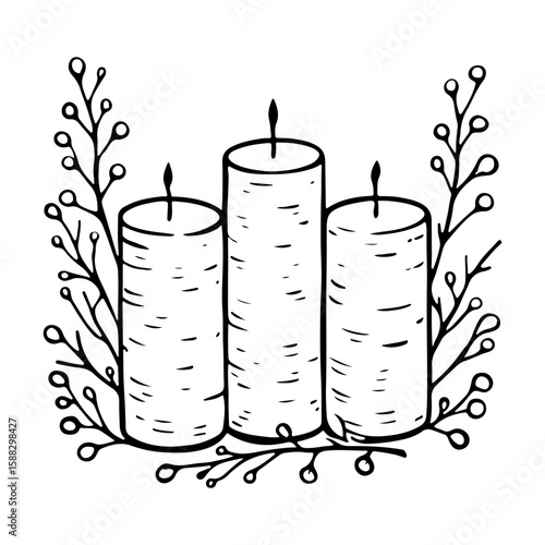 Candles, linear illustration of eco-friendly candles made from birch branches. Hand drawn, natural materials, wood, twigs and leaves. Symbol of nature, handmade products. black outline on white backgr