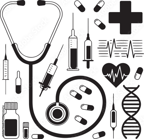 Medical vector icons set: health, doctor, hospital care, pharmacy, syringe, stethoscope, and heart symbols illustration