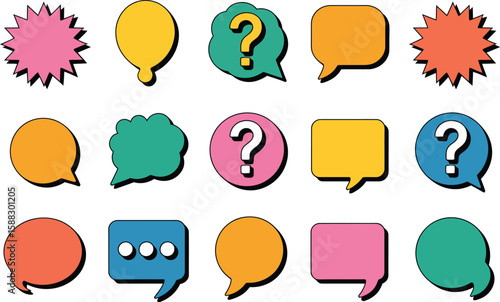 A collection of colorful speech bubbles and question mark icons on a white background