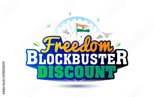 India independence day festival with Freedom blockbuster sale concept. Sale offer, deals discount promotion logo design with tricolour flag.