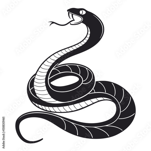 Stylized Black Cobra Snake Ready to Strike in Defensive Coil