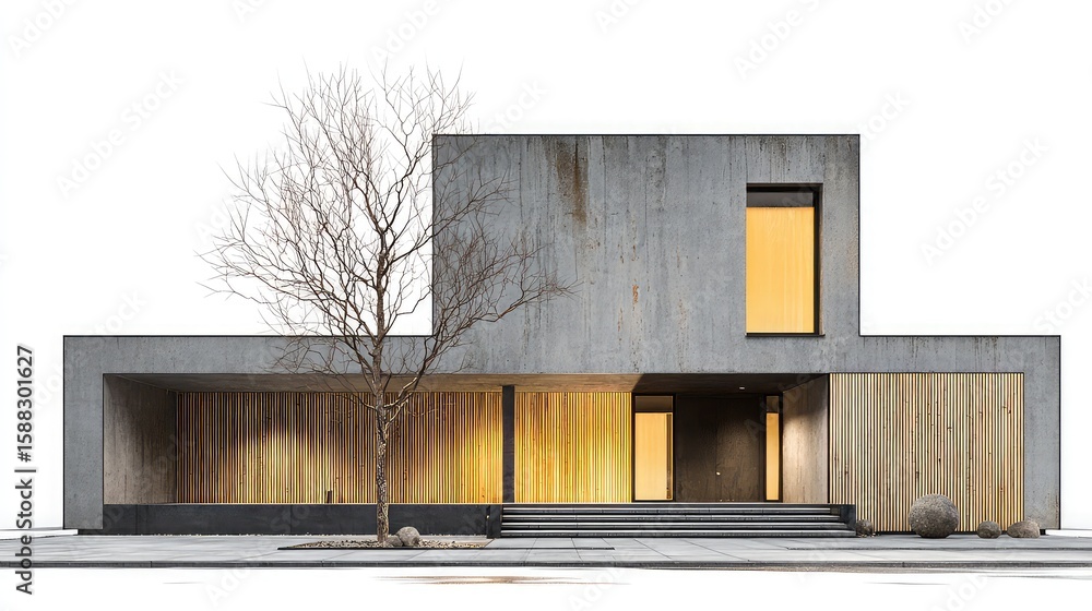 Obraz premium Modern concrete and wood house with warm interior lighting and bare tree
