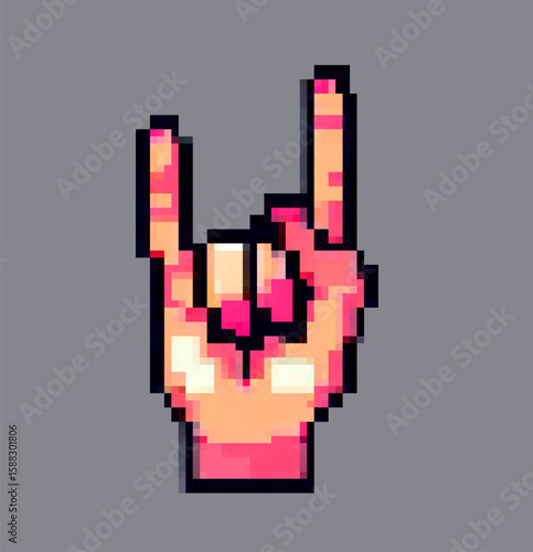 Vector illustration features a pixel art hand making the "rock on" gesture with a retro style. Rendered in blocky shapes with vibrant pink, orange, and black colors against a gray background.