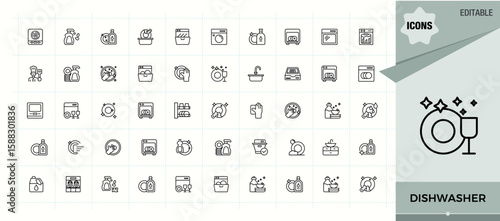 Dishwasher linear icon set. UI icons set in a thin style. Hygiene line icon set. Includes symbols for hygiene, utensil, dish, cleaning, bath, clean and more.