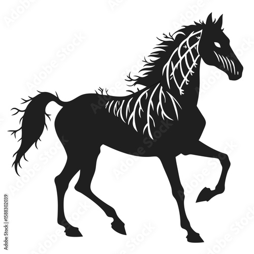 Mystical Silhouette of a Steed with Organic Branching Mane and Tail