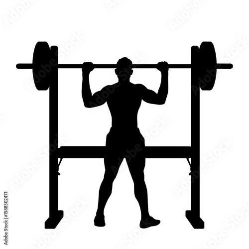Silhouette of weightlifter exercising with barbell on weight bench. Silhouette showcases a muscular figure during a powerlifting workout, capturing intensity and focus.