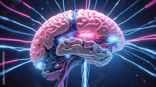 Illustration of a Human Brain Anatomy in a transparent skull with radiant neon color glow which helps in reference and research studies for Doctors, Surgeons, and Medical students.