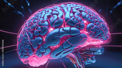 Illustration of a Human Brain Anatomy in a transparent skull with radiant neon color glow which helps in reference and research studies for Doctors, Surgeons, and Medical students.