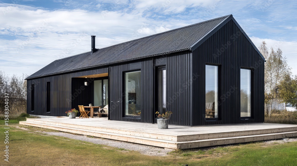 Obraz premium Modern black wood siding house with large deck and scenic views