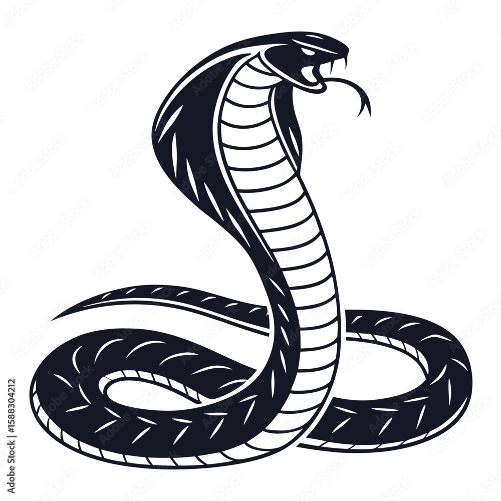 Fototapeta premium Fierce Cobra Snake Illustration With Hood Displayed Ready to Strike