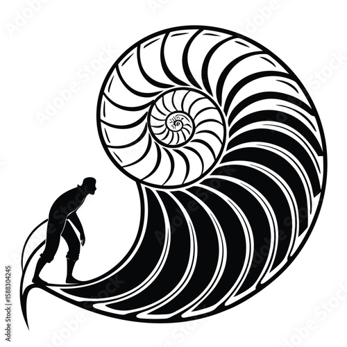Man Observing a Fibonacci Spiral Nautilus Shell's Geometric Beauty and Natural Patterns