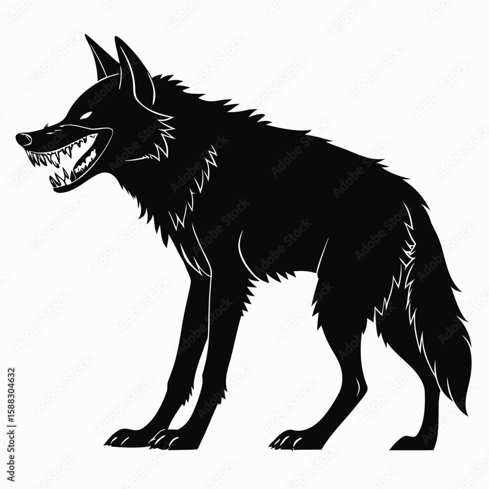 Fototapeta premium Fierce Black Wolf Growling with Sharp Teeth in Outline Style