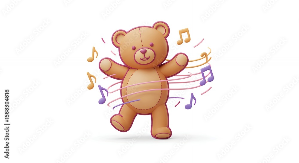 Naklejka premium Animated illustration of a teddy bear dancing with musical notes on a white background