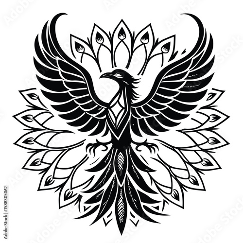 Intricate Black Phoenix with Decorative Feathered Wings and Tail Design