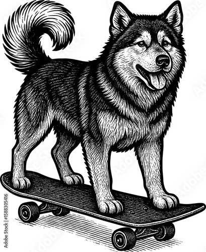 Alaskan Malamute on Skateboard vector silhouette design