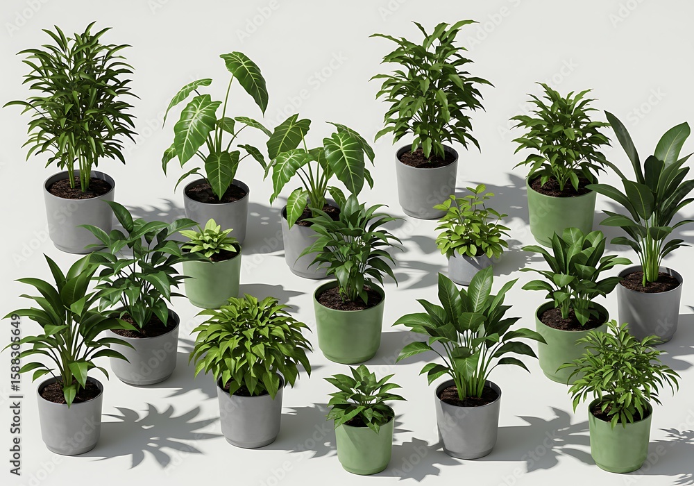 Obraz premium Collection of various potted green plants arrangement