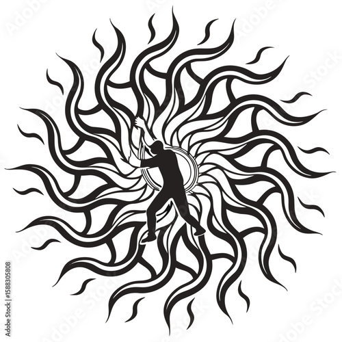 Man in Sun Symbol Embracing Light and Energy Rays