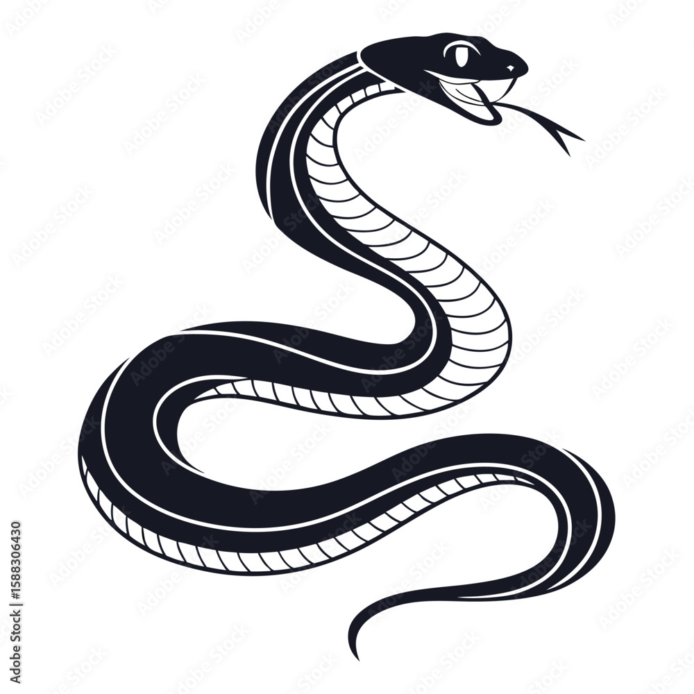 Fototapeta premium Black Serpent Emerging From Shadows With Forked Tongue Visible