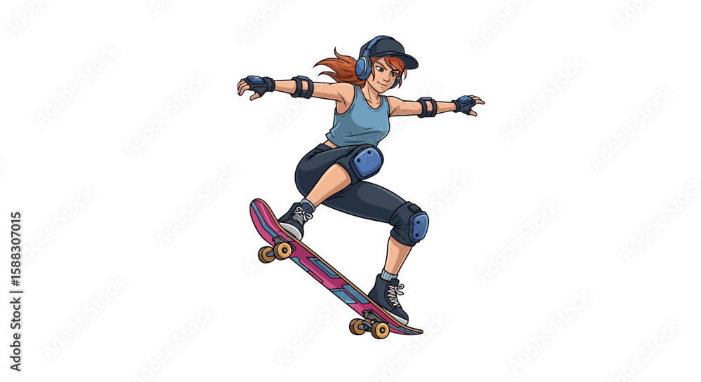 A young woman with red hair skateboarding, wearing protective gear and a cap, performing a trick in mid-air against a white background. A young woman with red hair skateboarding, wearing protective gear and a cap, performing a trick in mid-air against a white background.