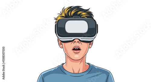 Young boy with surprised expression wearing a virtual reality headset against a white background.
