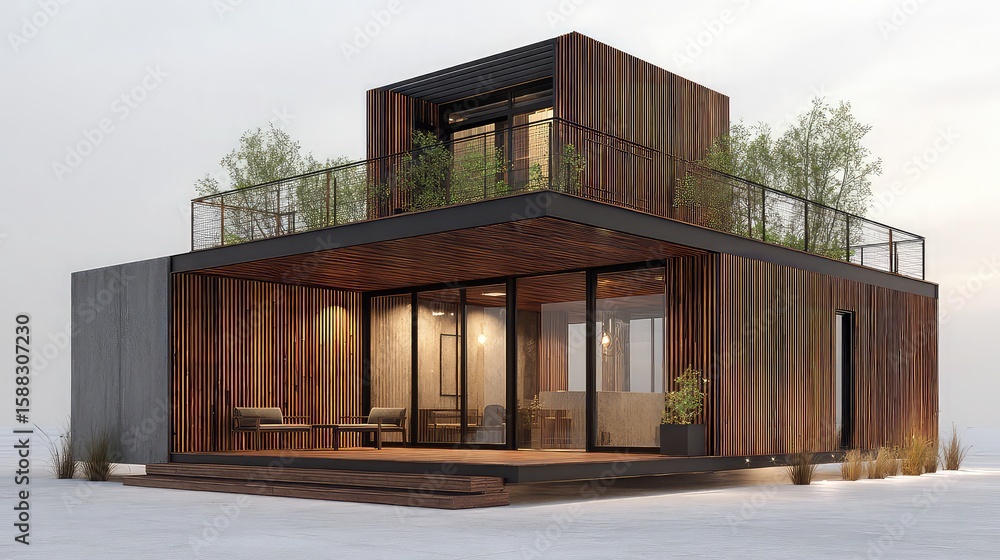 Modern wood and concrete container home with rooftop terrace and glass walls Modern wood and concrete container home with rooftop terrace and glass walls