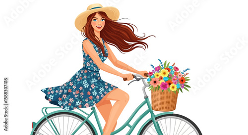 Smiling woman in summer dress cycling a vintage bicycle with a basket of flowers.