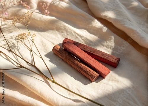 Minimalist arrangement of red sandalwood sticks on a pale cream textured fabric, gentle morning light casting long soft shadows, muted warm color palette with hints of blush pink and terracotta, subtl