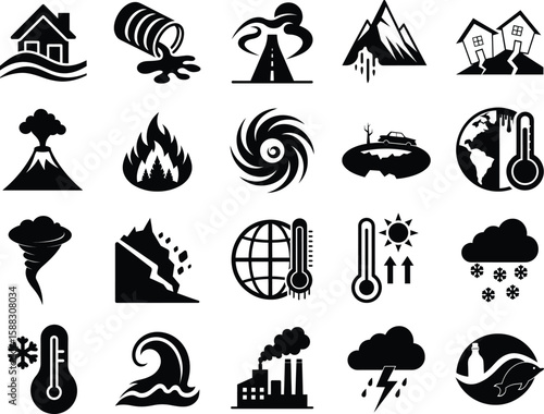 Disaster, weather hazard silhouette icon set. natural and environmental calamities, wildfire, earthquake, tornado, flood, tsunami, volcanic eruption, blizzard