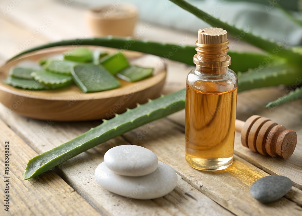 Fototapeta premium “Sandalwood oil bottle standing on a wooden surface with a sliced aloe vera plant, honey dipper, and smooth pebbles — realistic textures, spa and skincare mood with shallow depth of field.”