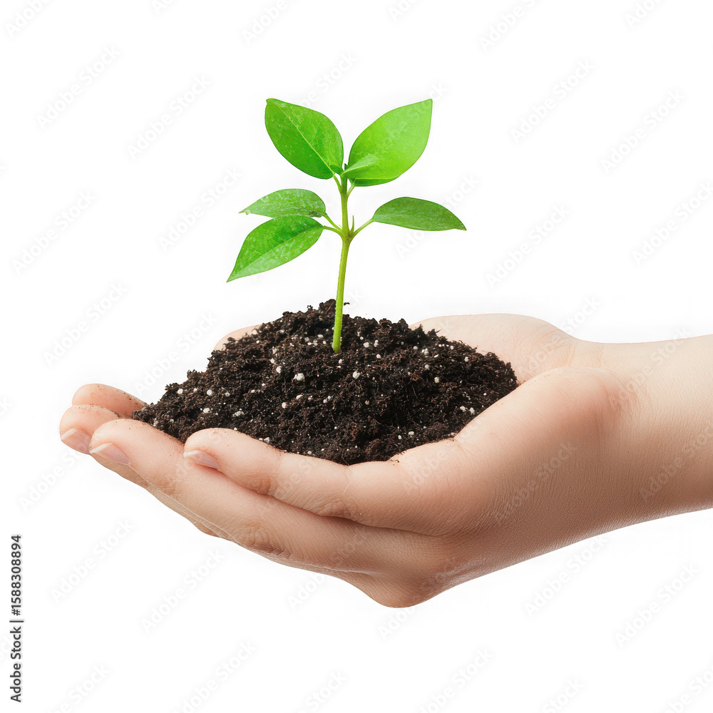 Hand holding a small plant with soil isolated on white and transparent background Hand holding a small plant with soil isolated on white and transparent background