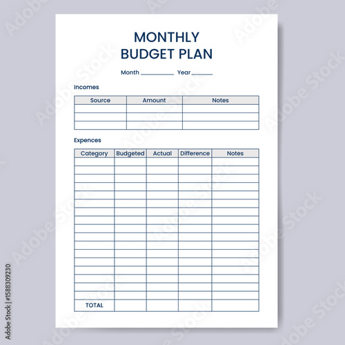 Minimalist monthly budget planner template. Vector illustration for digital download products, business tools, educational content, or lifestyle blogs focusing on organization and productivity