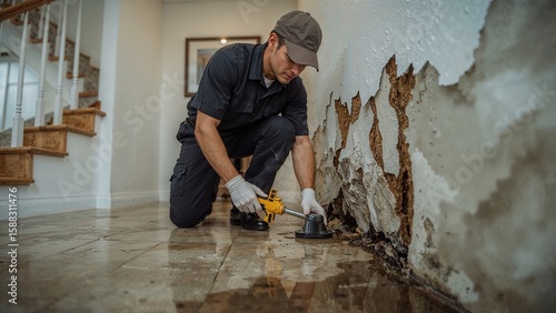 A restoration specialist assesses water damage, meticulously examining a flooded home's interior wall and floor.