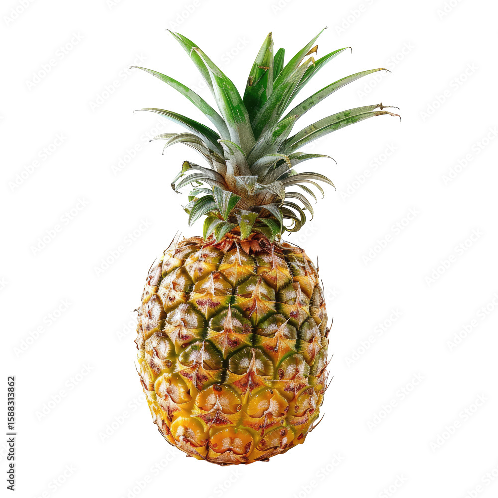 Fototapeta premium Fresh pineapple, vibrant yellow-gold skin, green crown