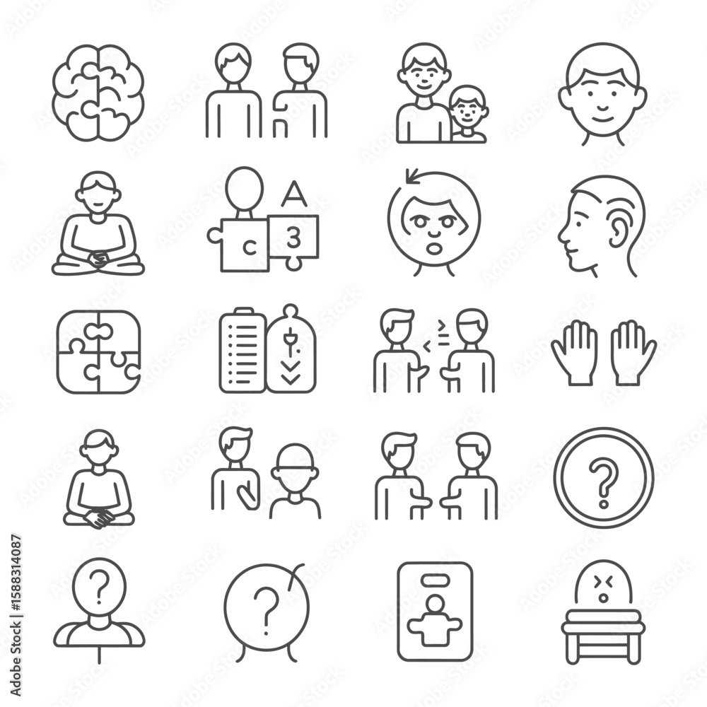 Fototapeta premium Collection of twenty line art icons depicting human communication collaboration problem solving meditation and thinking processes featuring simple black outlines on white background