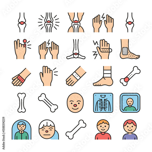 Colorful Collection of Medical Icons Depicting Bone Fractures Sprains Injuries Bandages X Ray and Cartoon Characters Illustrating Pain and Healing Processes
